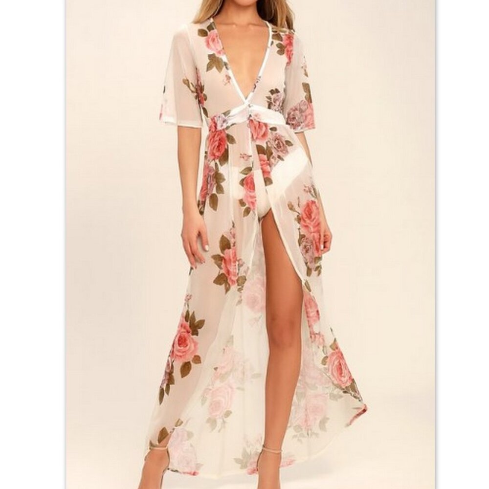 Haute Project Sheer Mesh Floral Beach Cover‑Up M High‑Low Resort Poolside Glam